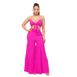 June Open Front Tie Top and Wide Flare Pants Set-Fuchsia - La Belle Gina Boutique