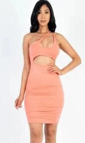 Kalie one shoulder cut-out front rucked mini dress. - La Belle Gina Boutique