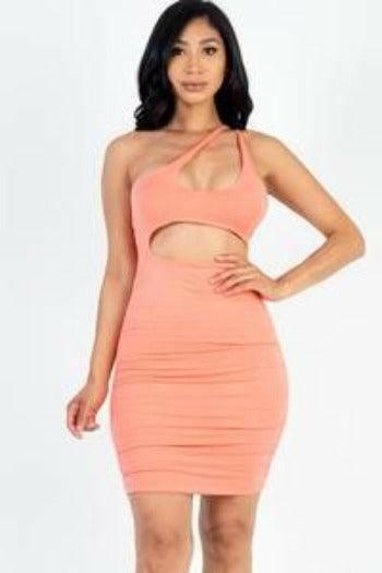 Kalie one shoulder cut-out front rucked mini dress. - La Belle Gina Boutique