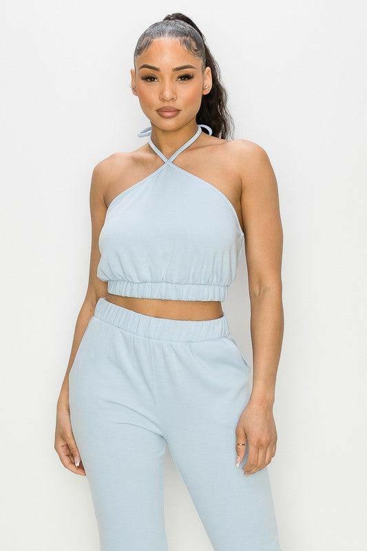 Kay crop top halter neckline with tie and jogger pants - La Belle Gina Boutique