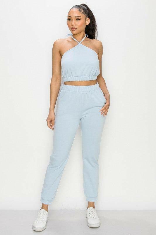 Kay crop top halter neckline with tie and jogger pants - La Belle Gina Boutique