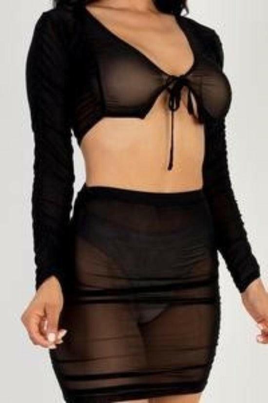 Kay sheer mesh tie front crop top and rushed side mini sets. - La Belle Gina Boutique