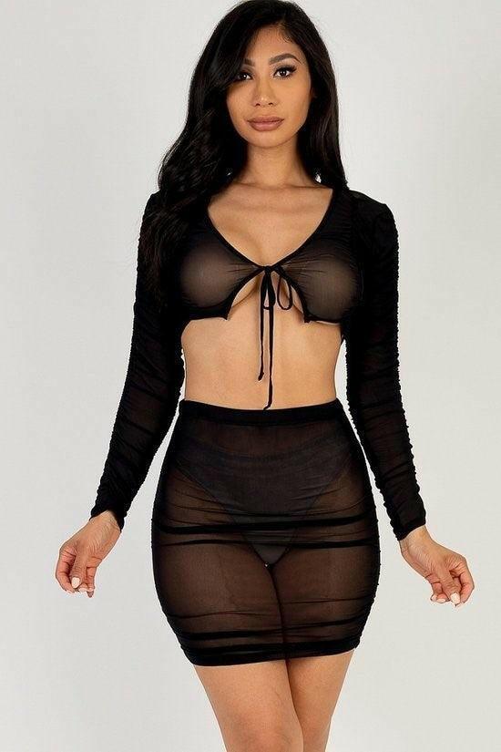 Kay sheer mesh tie front crop top and rushed side mini sets. - La Belle Gina Boutique