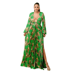 Lara Floral Print Pleated Maxi Dress-Green Combo - La Belle Gina Boutique