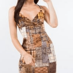 Lidia sleeveless plaid patchwork print velvet mini dress-Brown - La Belle Gina Boutique