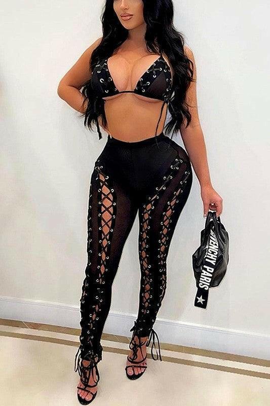 Lola Lace down mesh leggings and bralette set. - La Belle Gina Boutique