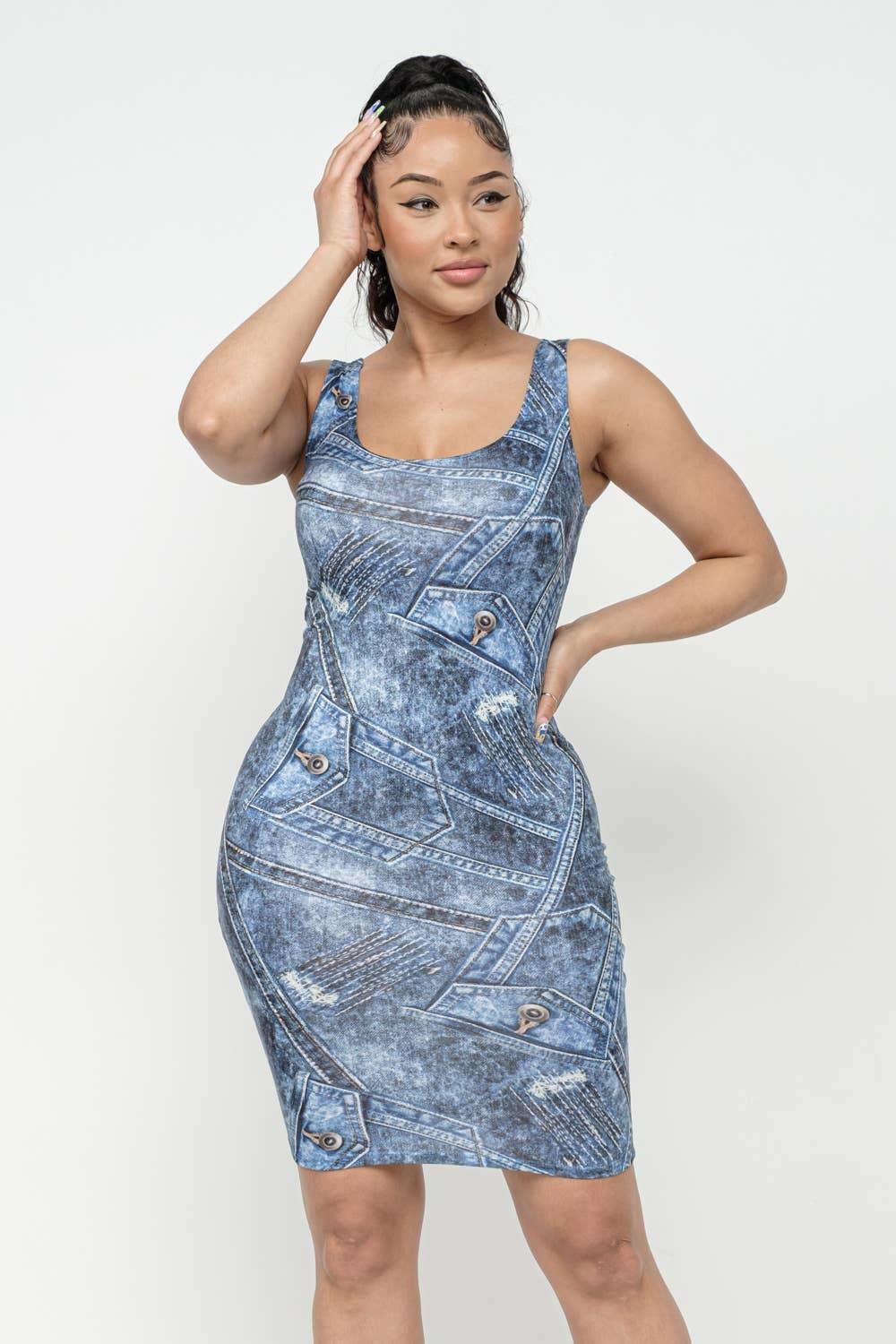 Lora Print bodycon Mini Dress-Denim - La Belle Gina Boutique