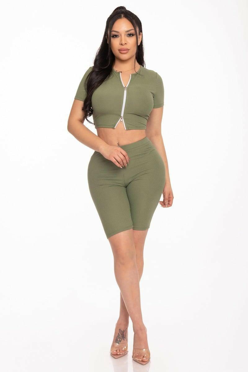 Lorie 2 Piece Ribbed Crop Split Zipper top Sets - La Belle Gina Boutique