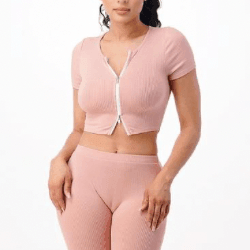 Lorie 2 Piece Ribbed Crop Split Zipper top Sets - La Belle Gina Boutique