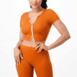 Lorie 2 Piece Ribbed Crop Split Zipper top Sets - La Belle Gina Boutique