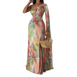 Lucie Semi-Stretch One Shoulder Maxi Dress-Multi - La Belle Gina Boutique