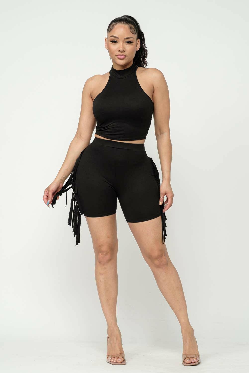 Nellie Mock Neck Crop Top And Side Laser Cut Short Set-Black - La Belle Gina Boutique