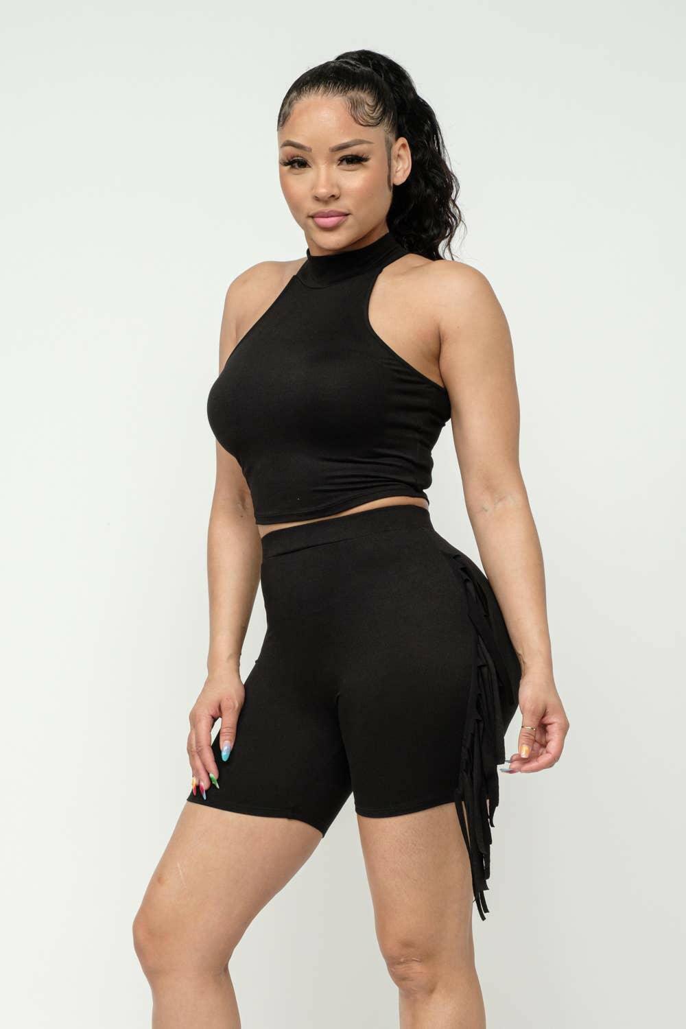 Nellie Mock Neck Crop Top And Side Laser Cut Short Set-Black - La Belle Gina Boutique