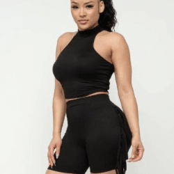 Nellie Mock Neck Crop Top And Side Laser Cut Short Set-Black - La Belle Gina Boutique