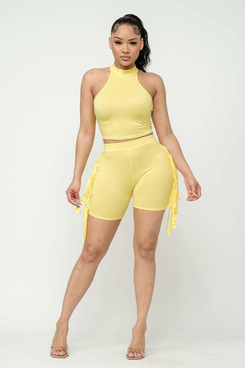 Nellie Mock Neck Crop Top And Side Laser Cut Short Set-Light Yellow - La Belle Gina Boutique