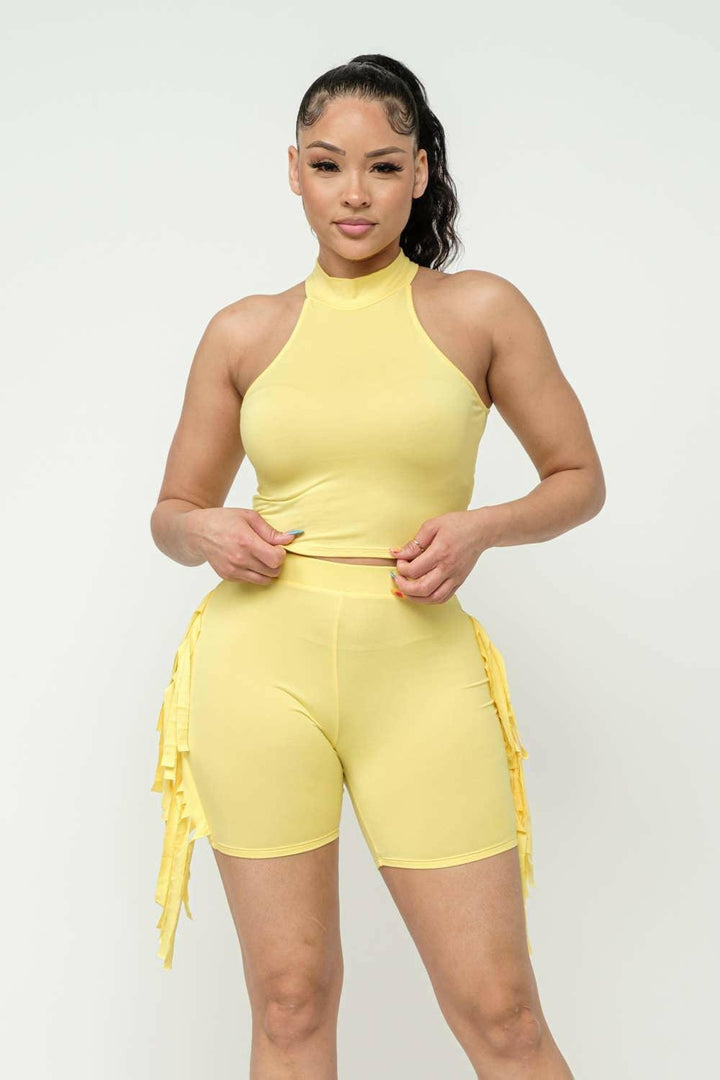 Nellie Mock Neck Crop Top And Side Laser Cut Short Set-Light Yellow - La Belle Gina Boutique