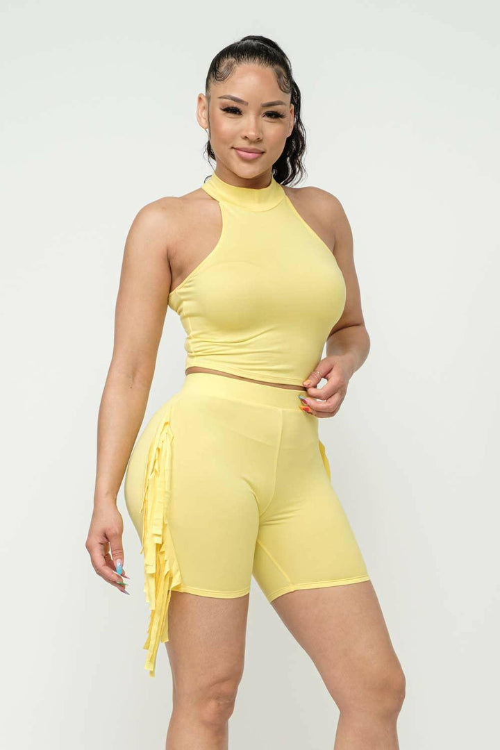 Nellie Mock Neck Crop Top And Side Laser Cut Short Set-Light Yellow - La Belle Gina Boutique