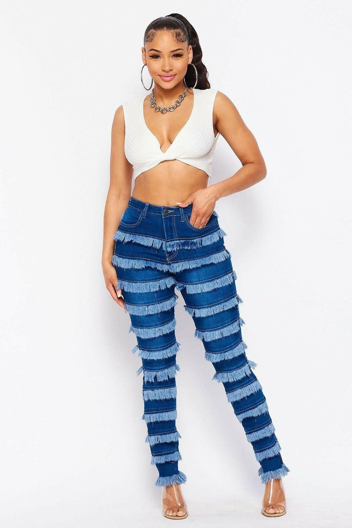 NITA denim fringe ring jeans - La Belle Gina Boutique