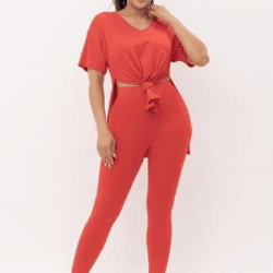 Rose Brushed Short Sleeve V-Neck Side Slit top And Leggings set - La Belle Gina Boutique