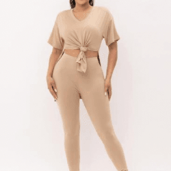 Rose Brushed Short Sleeve V-Neck Side Slit top And Leggings set - La Belle Gina Boutique