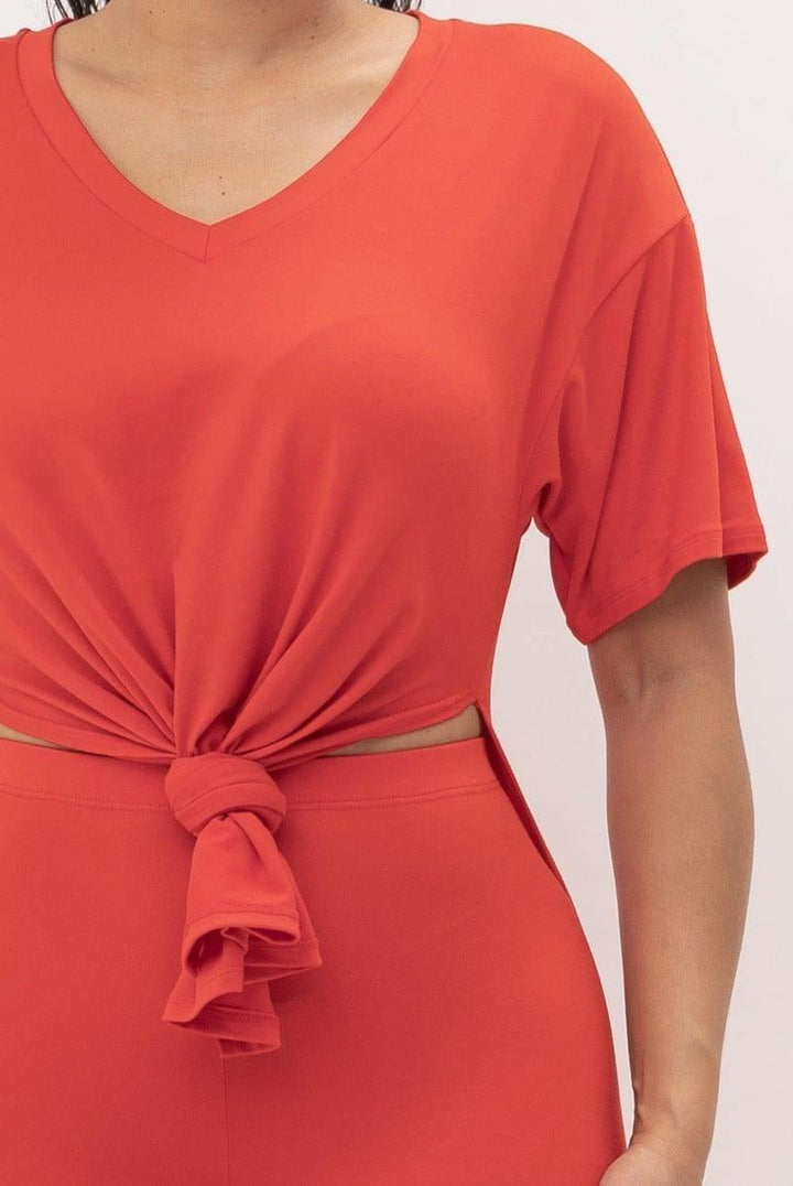 Rose Brushed Short Sleeve V-Neck Side Slit top And Leggings set - La Belle Gina Boutique