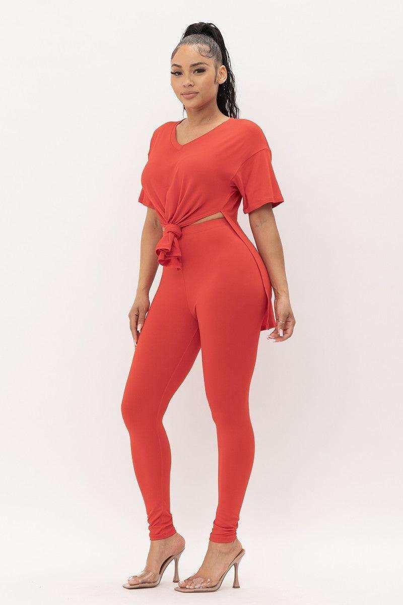 Rose Brushed Short Sleeve V-Neck Side Slit top And Leggings set - La Belle Gina Boutique