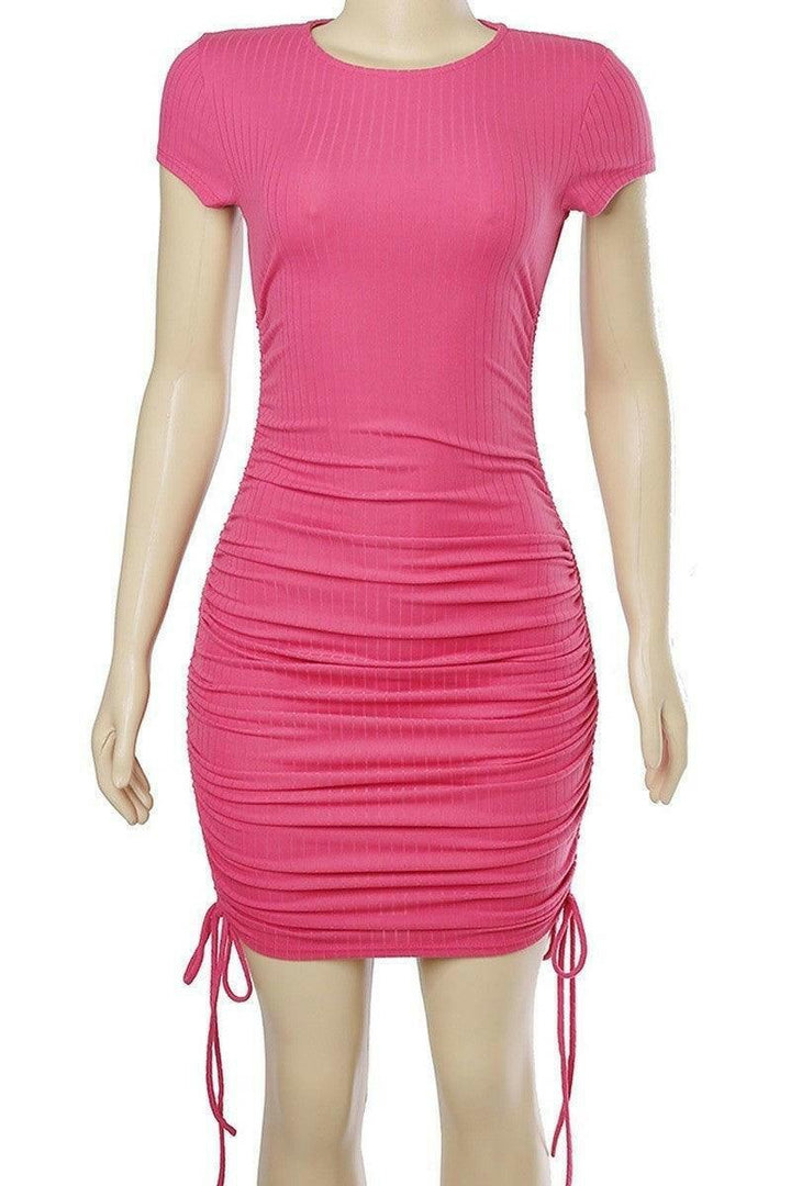 Rosy rib ruched round neck mini dress - La Belle Gina Boutique