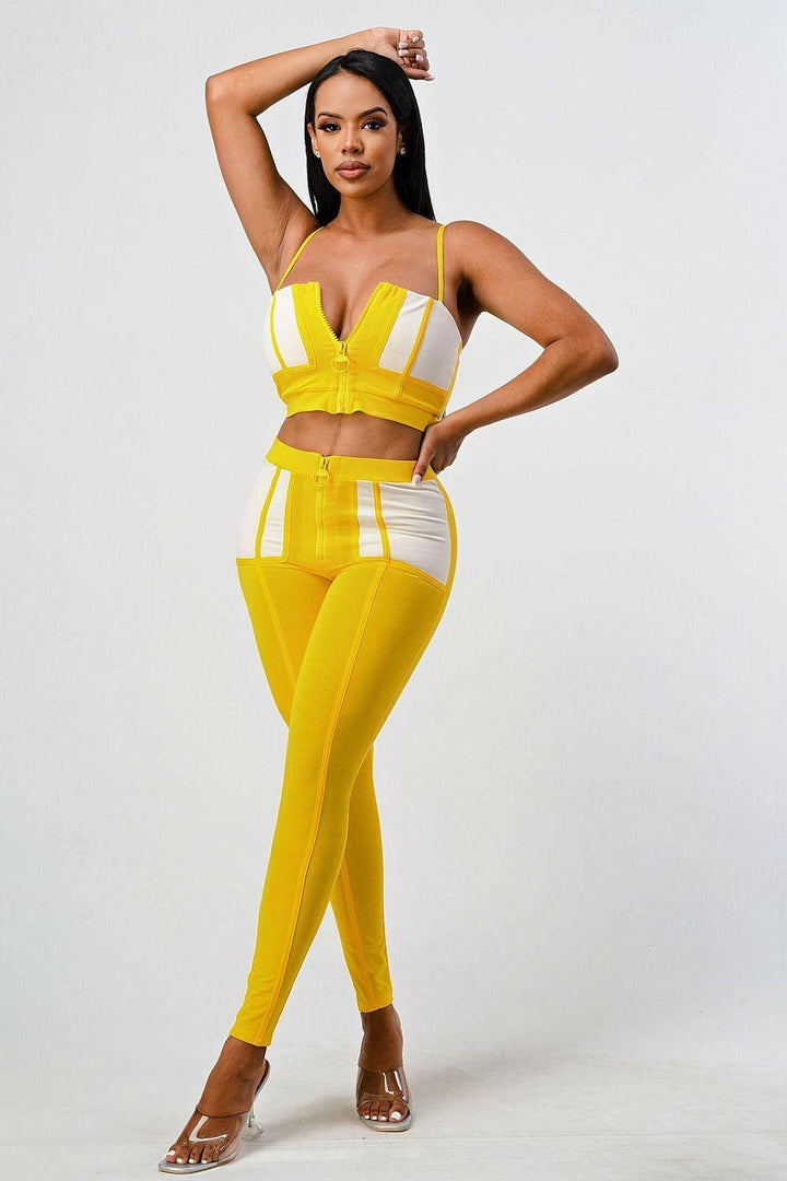 Sandra strappy top with front zipper matching set Yellow - La Belle Gina Boutique