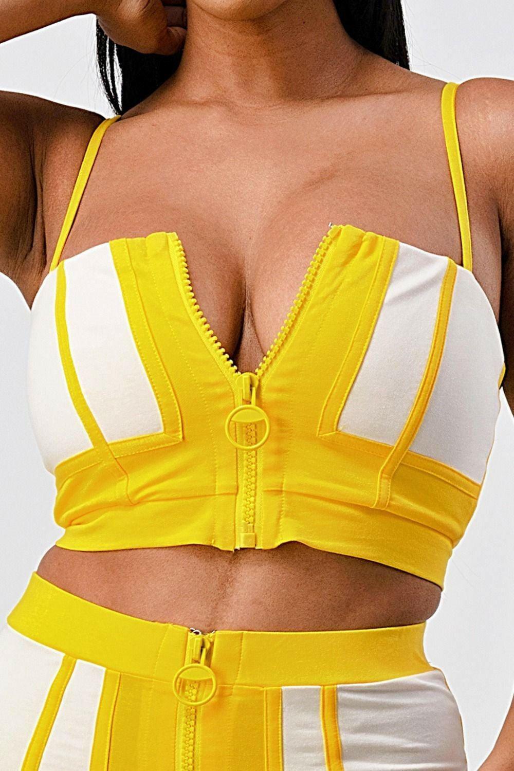 Sandra strappy top with front zipper matching set Yellow - La Belle Gina Boutique