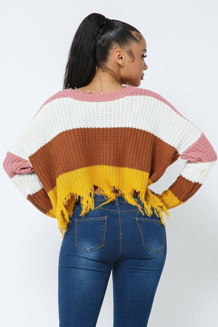 Sandra V neck distressed cozy sweater - La Belle Gina Boutique