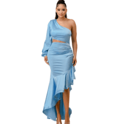 Sara One shoulder And Diagonal Ruffle Dress-Light Blue - La Belle Gina Boutique